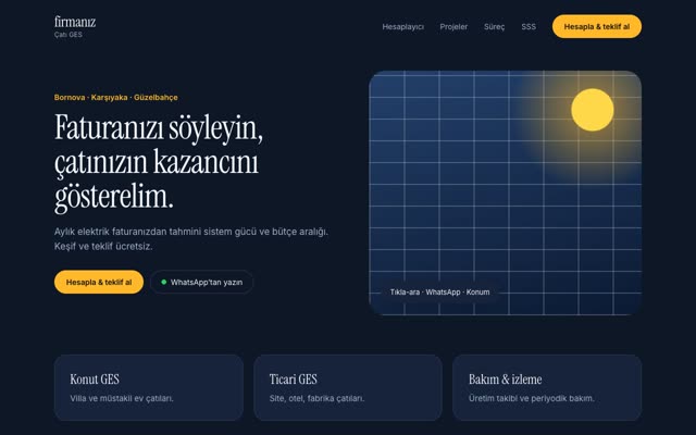 Çatı GES firması için konsept web sitesi tasarımı: ana sayfa, teklif butonu ve WhatsApp bağlantısı