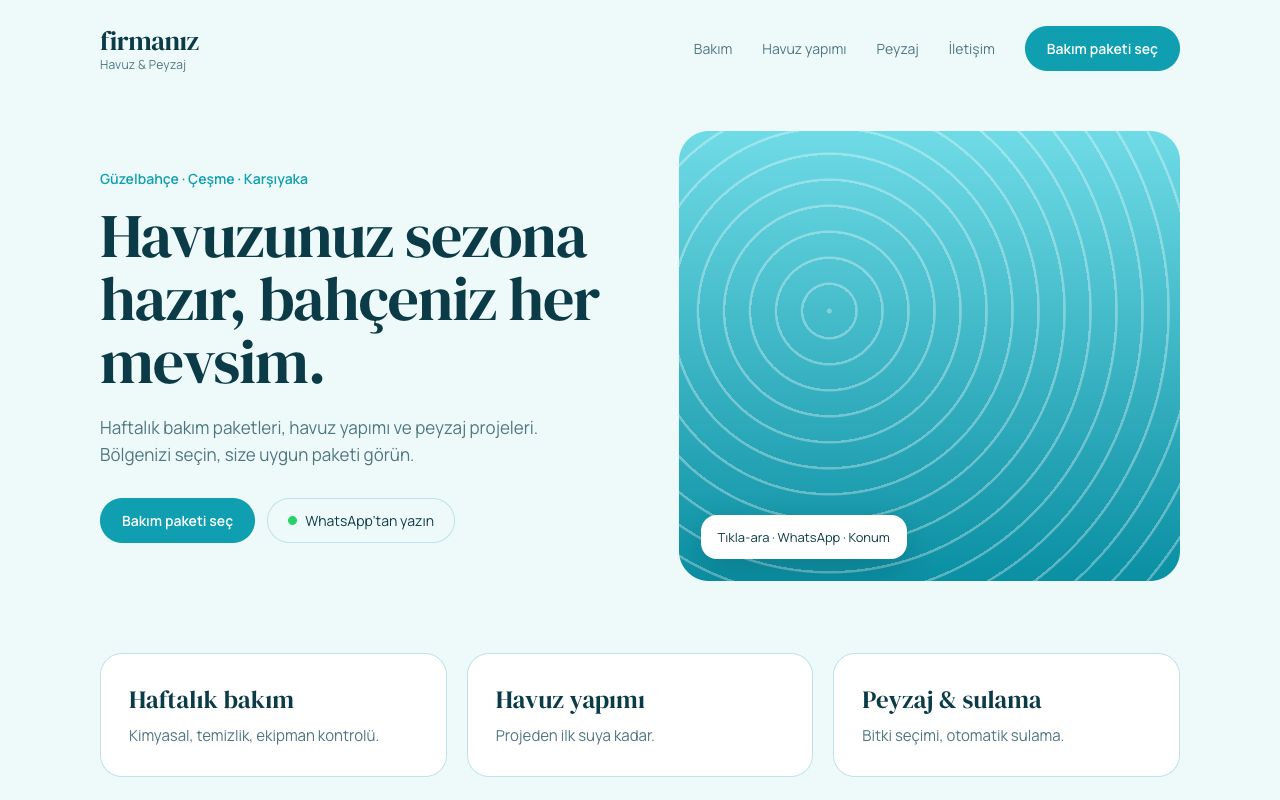 Havuz & Peyzaj firması için konsept web sitesi: teklif butonu, WhatsApp bağlantısı ve proje galerisi