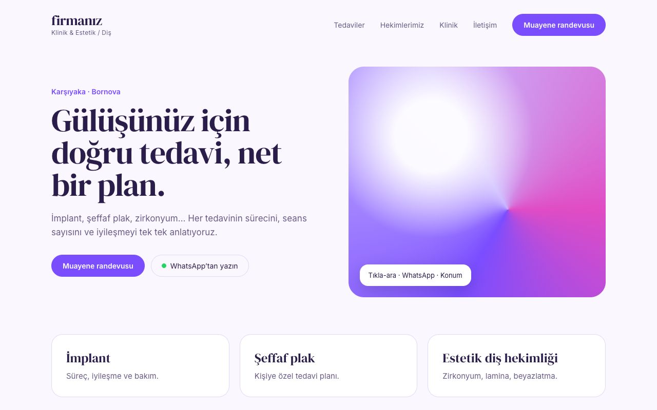 Klinik & Estetik / Diş firması için konsept web sitesi: teklif butonu, WhatsApp bağlantısı ve proje galerisi
