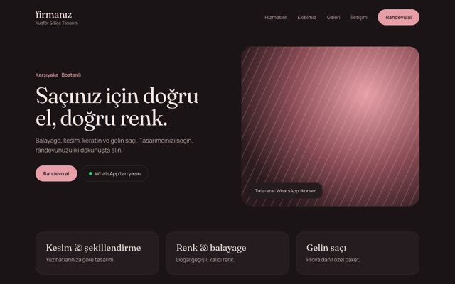 Kuaför & Saç Tasarım firması için konsept web sitesi tasarımı: ana sayfa, teklif butonu ve WhatsApp bağlantısı