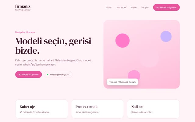 Nail Art & Manikür Stüdyosu firması için konsept web sitesi tasarımı: ana sayfa, teklif butonu ve WhatsApp bağlantısı