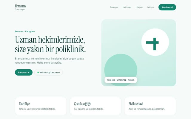 Özel Sağlık firması için konsept web sitesi tasarımı: ana sayfa, teklif butonu ve WhatsApp bağlantısı