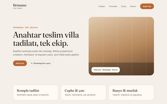 Villa Tadilatı firması için konsept web sitesi tasarımı: ana sayfa, teklif butonu ve WhatsApp bağlantısı