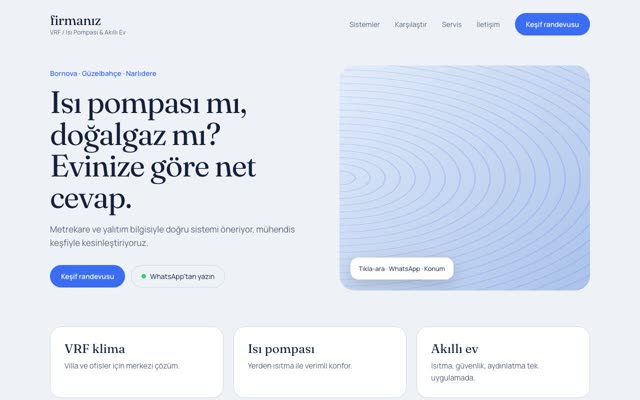 VRF / Isı Pompası & Akıllı Ev firması için konsept web sitesi tasarımı: ana sayfa, teklif butonu ve WhatsApp bağlantısı