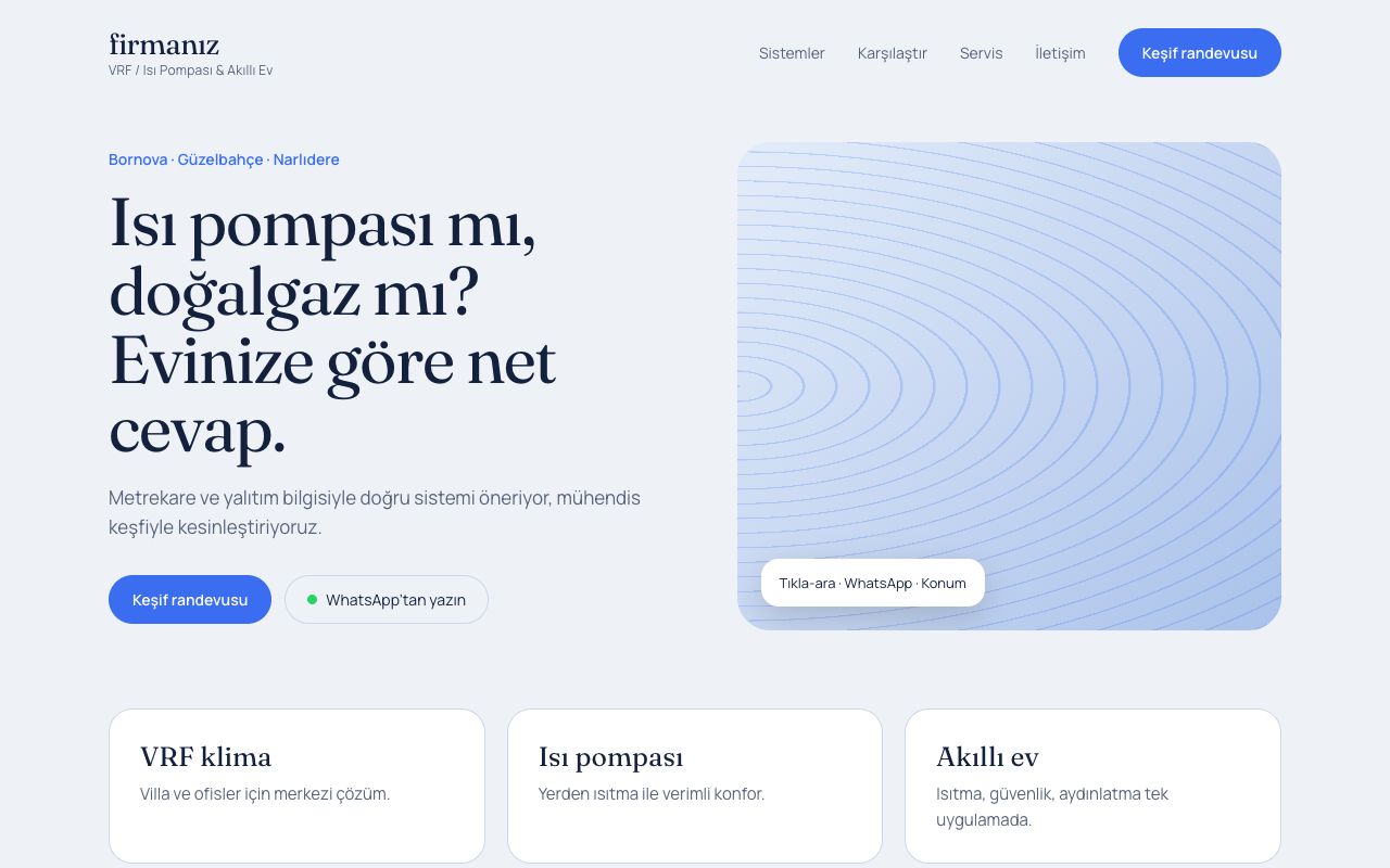 VRF / Isı Pompası & Akıllı Ev firması için konsept web sitesi: teklif butonu, WhatsApp bağlantısı ve proje galerisi